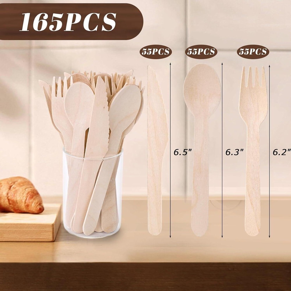 165PCS Wooden Utensils, Natural Wood Cutlery Incl.55 Forks 55 Spoons 55... - Picture 4 of 8